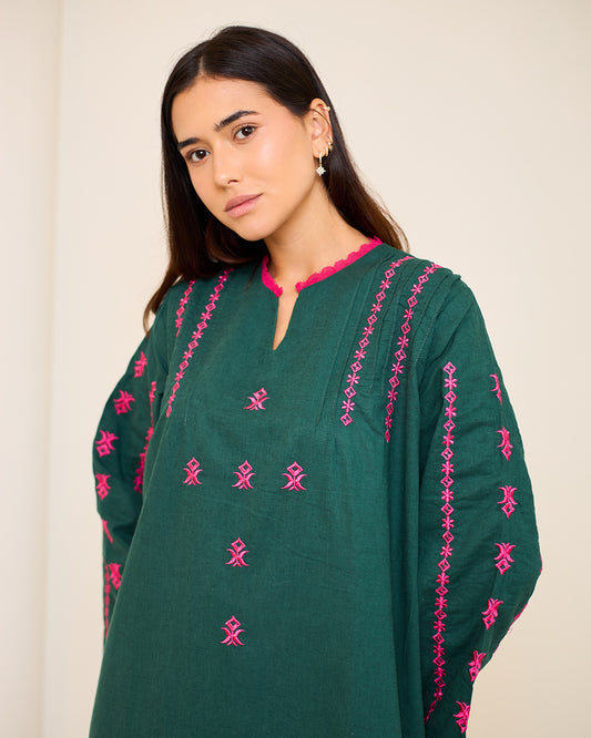 Amelia Dark Green Embroidered Linen Kaftan Dress