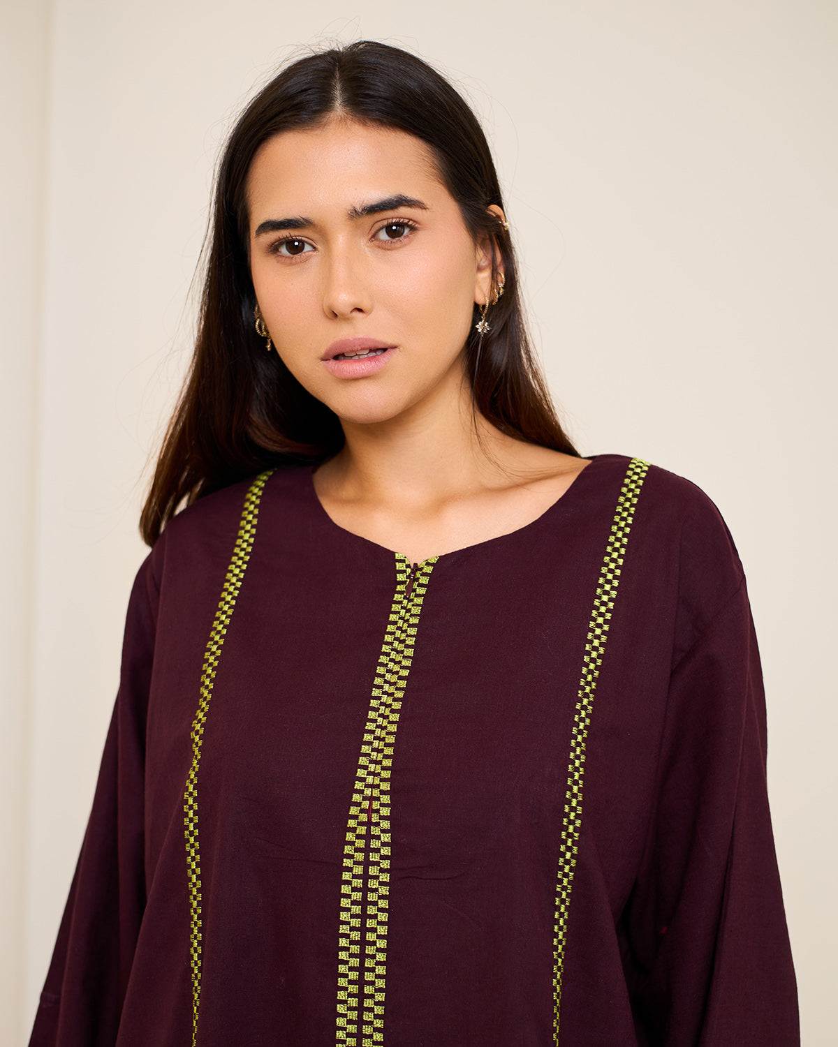 Aphrodite Burgundy Embroidered Linen Kaftan Dress