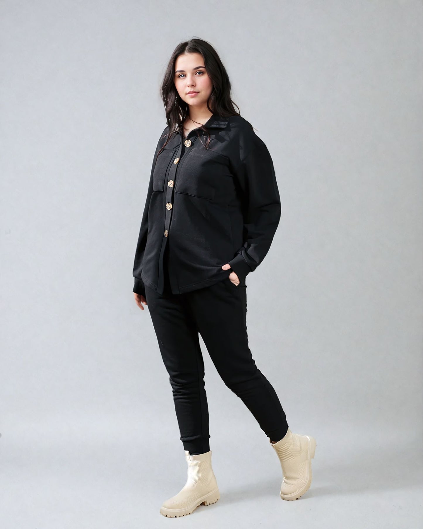 Buttoned Shirt Set-Black