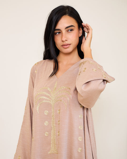 Tamara Beige Embroidered Cotton Kaftan Dress