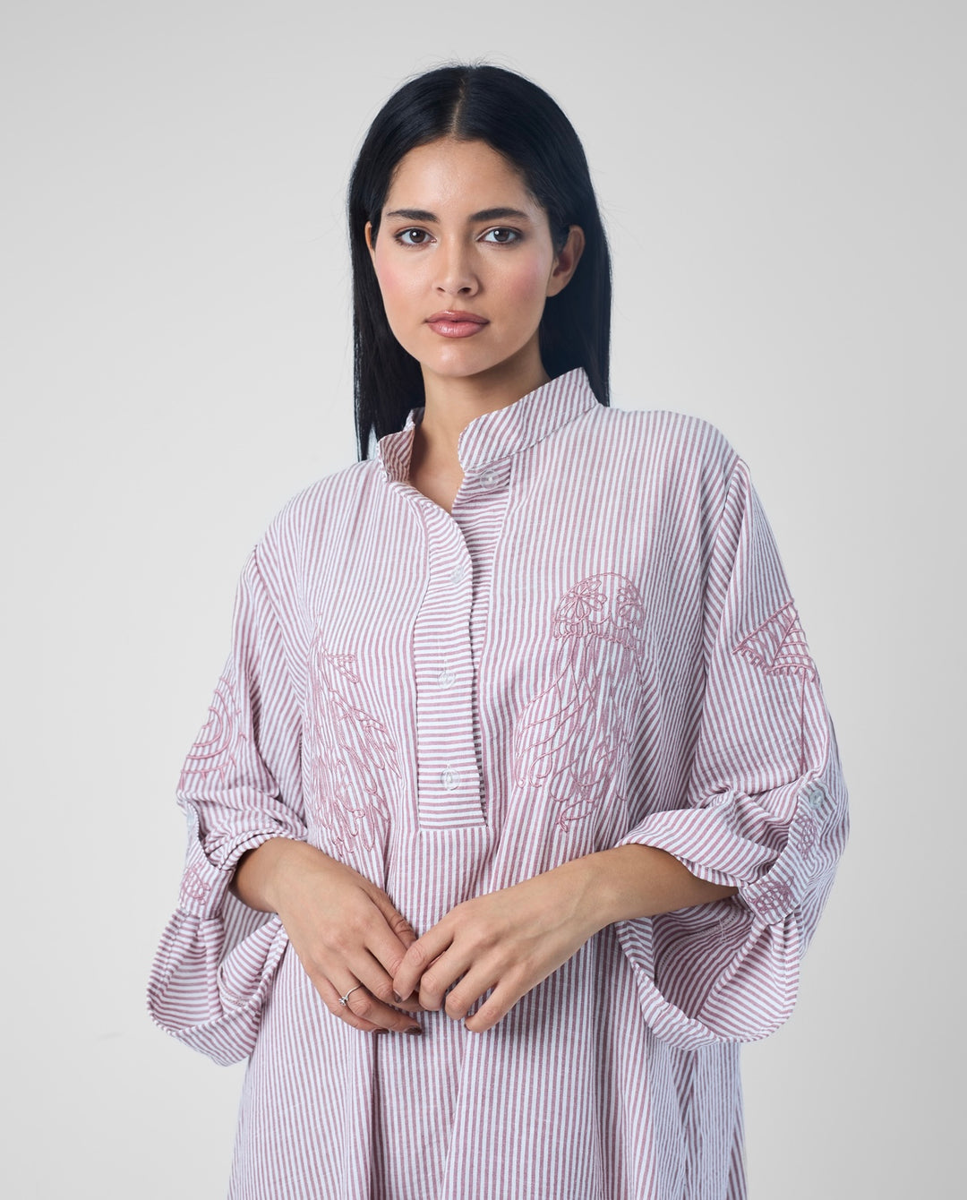 Embroidered Linen Cotton Striped Dress | Coastal Reef