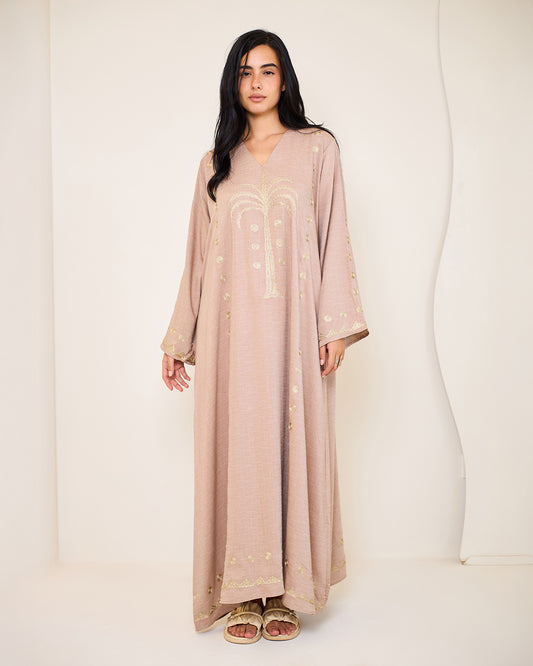 Tamara Beige Embroidered Cotton Kaftan Dress