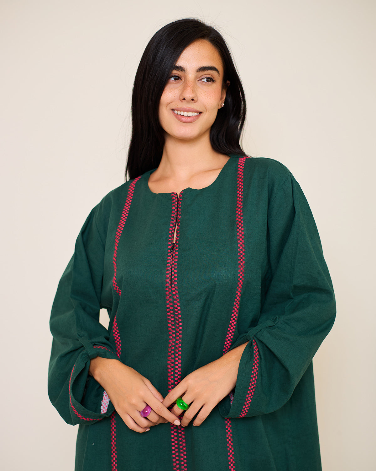 Aphrodite Dark Green Embroidered Linen Kaftan Dress