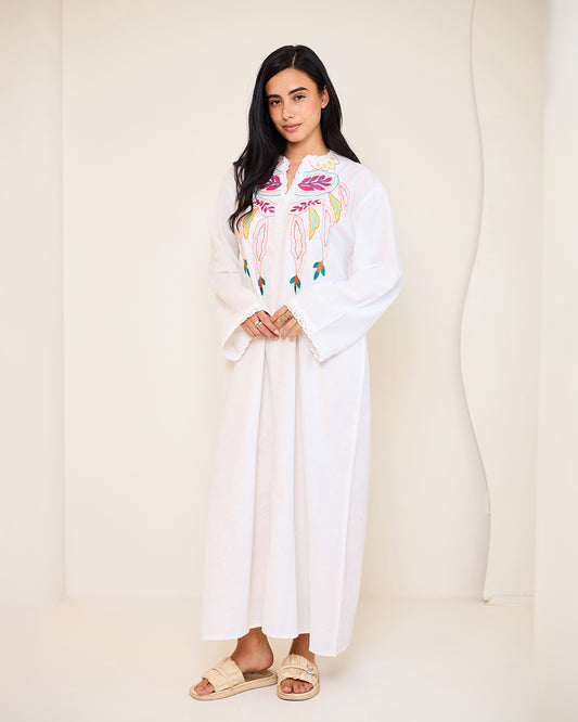 Asiya White Embroidered Linen Kaftan Dress
