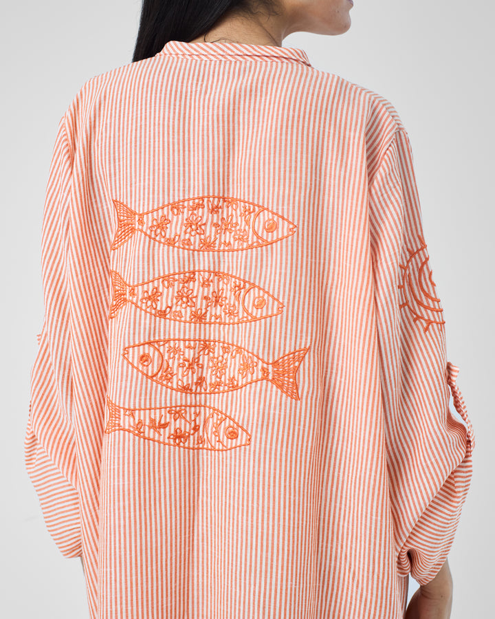 Embroidered Linen Cotton Striped Dress | Coastal Reef