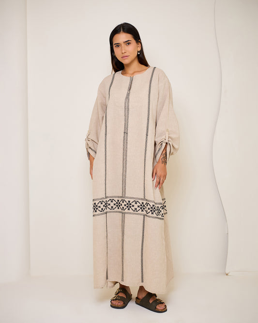 Aphrodite Beige Embroidered Linen Kaftan Dress