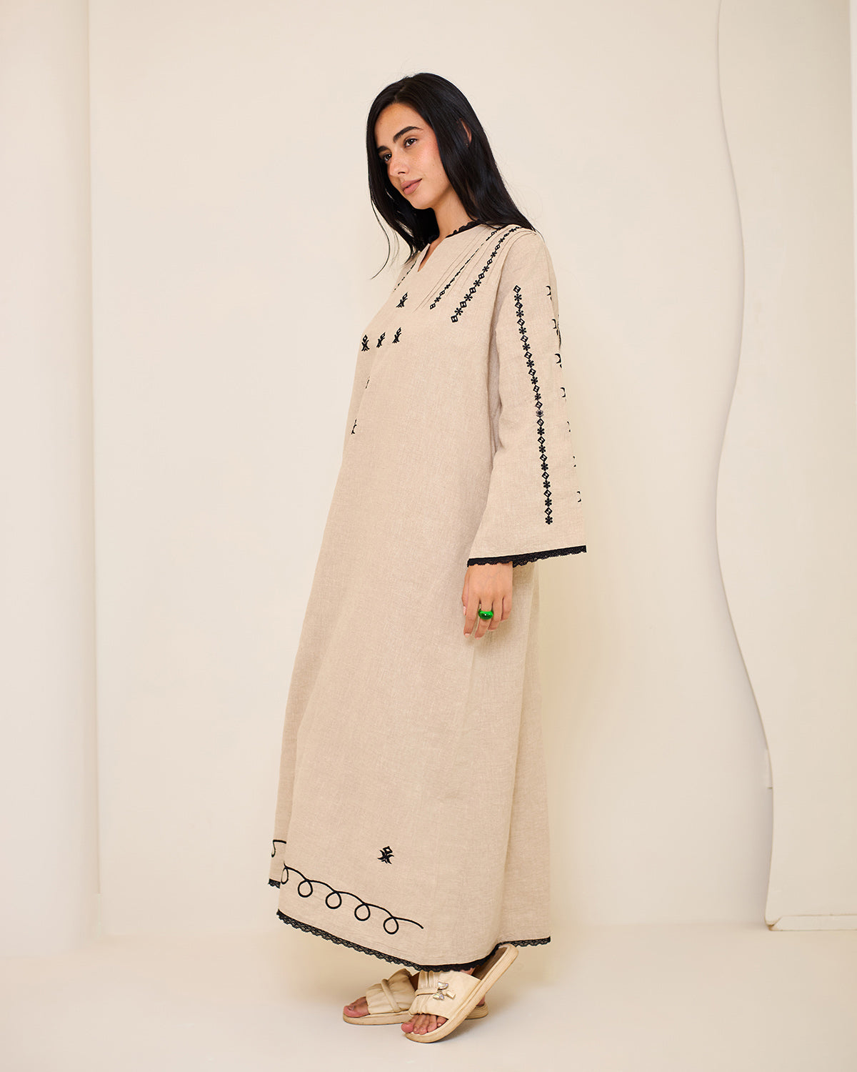 Amelia Beige Embroidered Linen Kaftan Dress