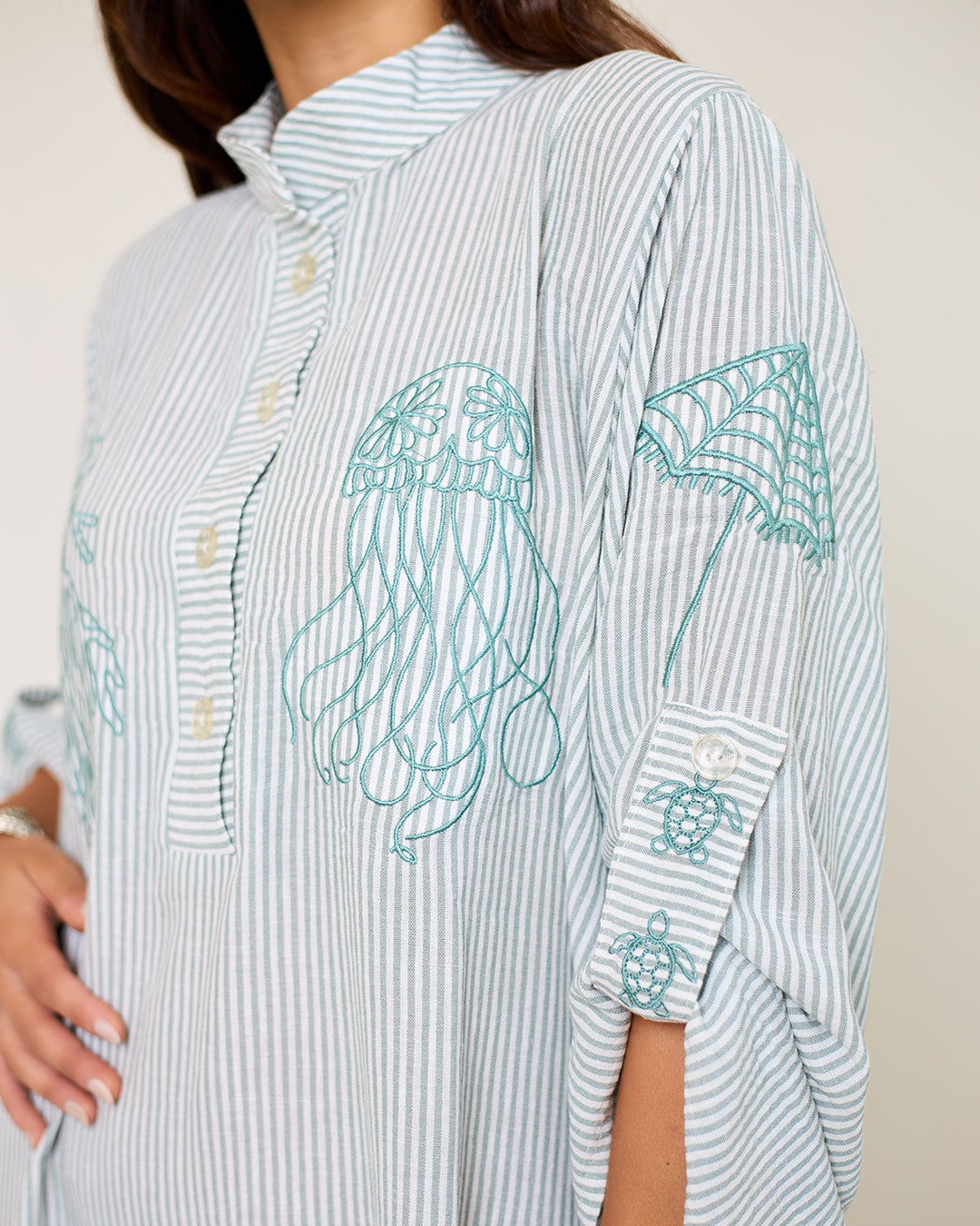 Embroidered Linen Cotton Striped Dress | Coastal Reef
