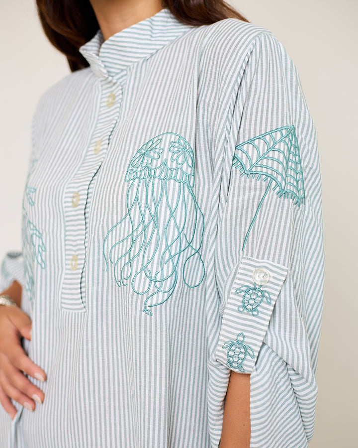 Embroidered Linen Cotton Striped Dress | Coastal Reef