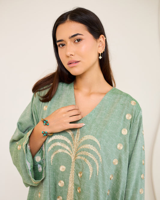 Tamara Olive Green Embroidered Cotton Kaftan Dress