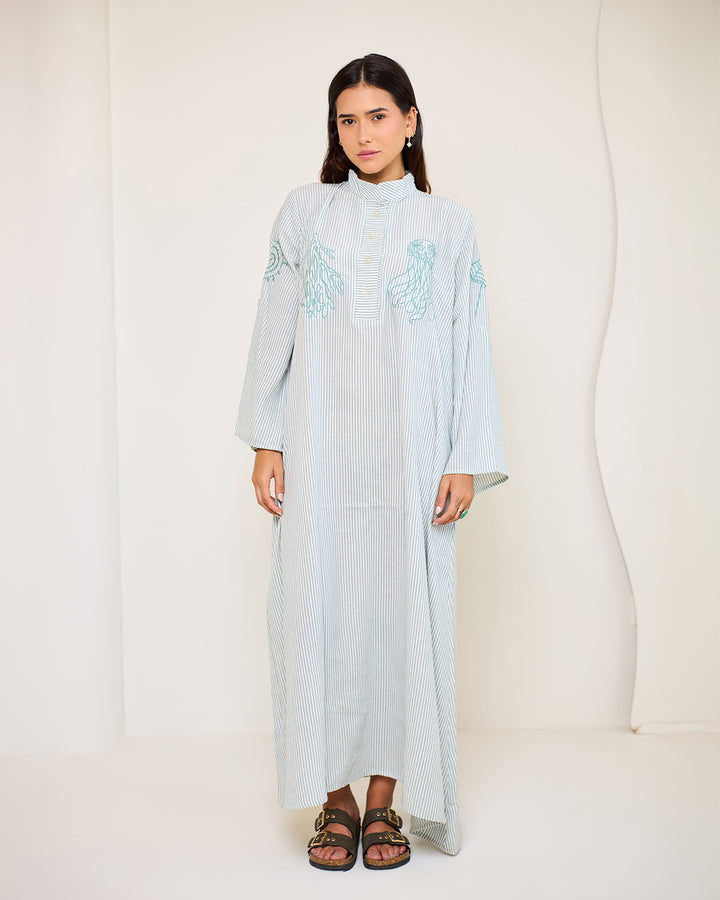 Embroidered Linen Cotton Striped Dress | Coastal Reef