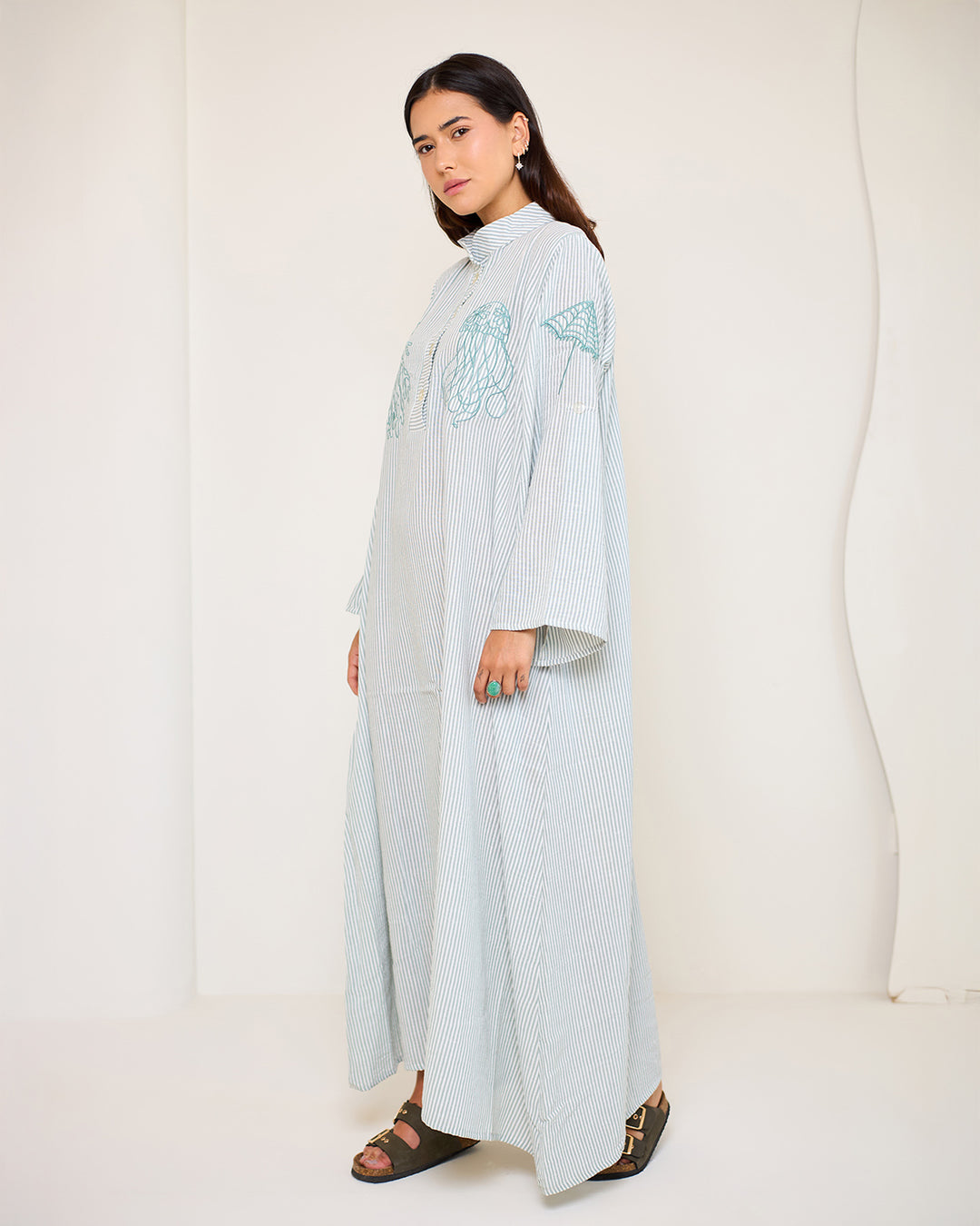 Embroidered Linen Cotton Striped Dress | Coastal Reef