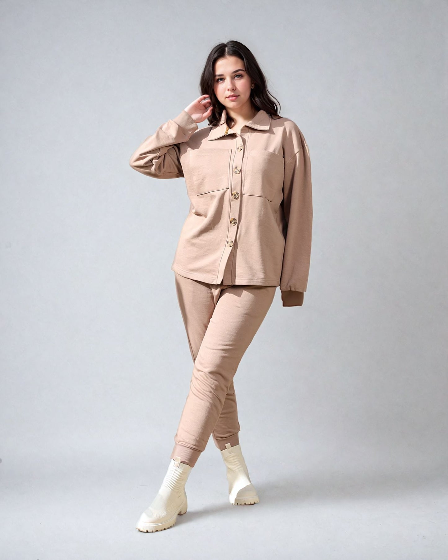 Buttoned Shirt Set-Beige