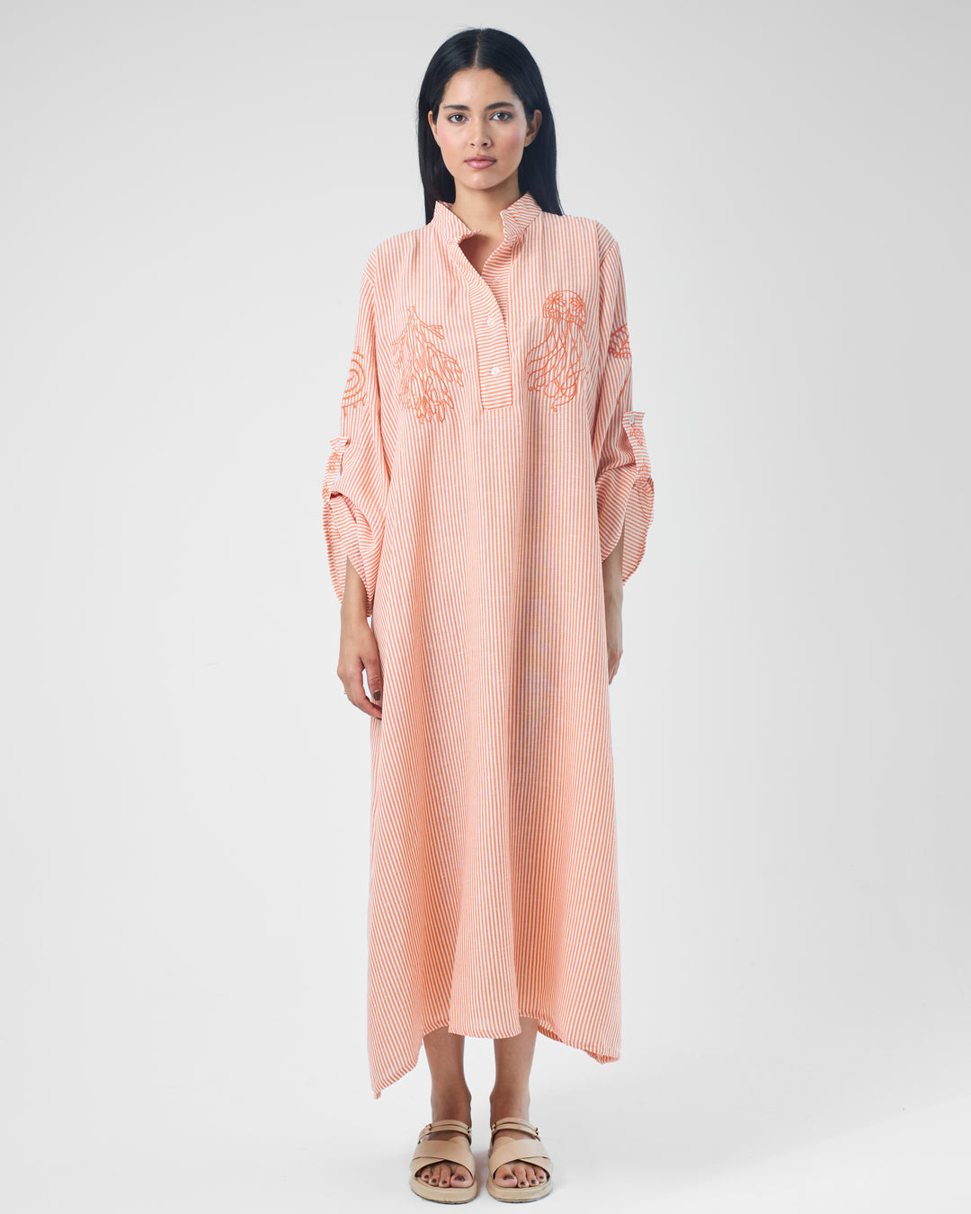 Embroidered Linen Cotton Striped Dress | Coastal Reef