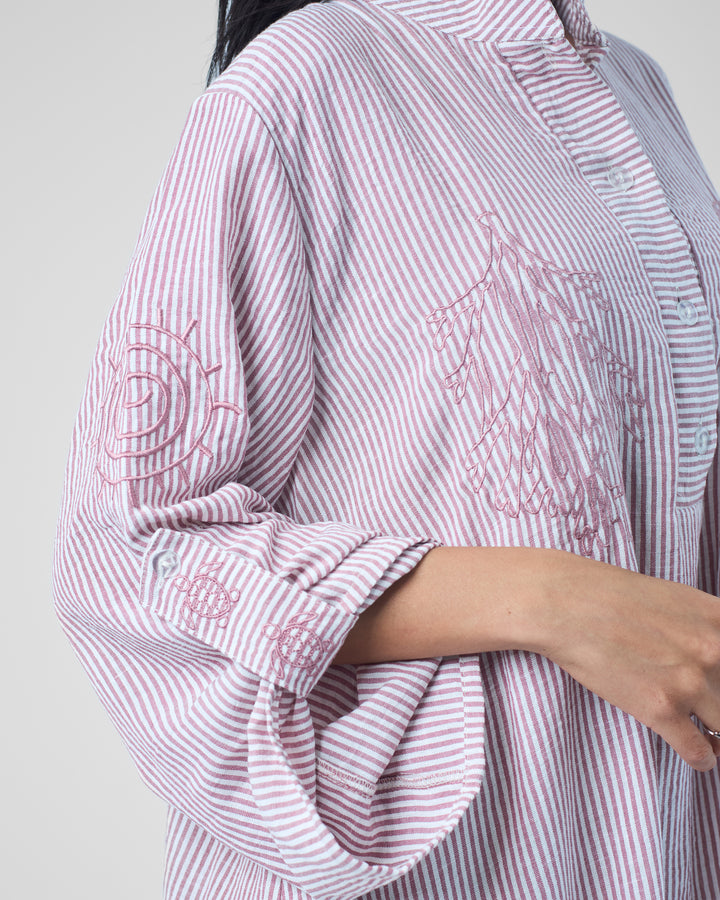Embroidered Linen Cotton Striped Dress | Coastal Reef