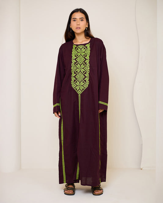 Athena Burgundy Embroidered Linen Kaftan Dress