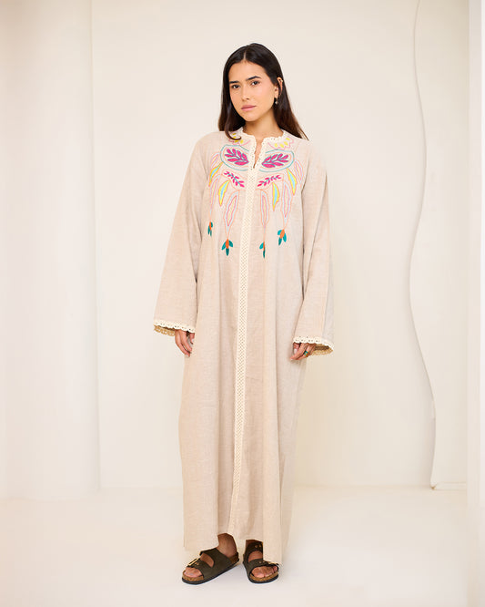 Asiya Beige Embroidered Linen Kaftan Dress