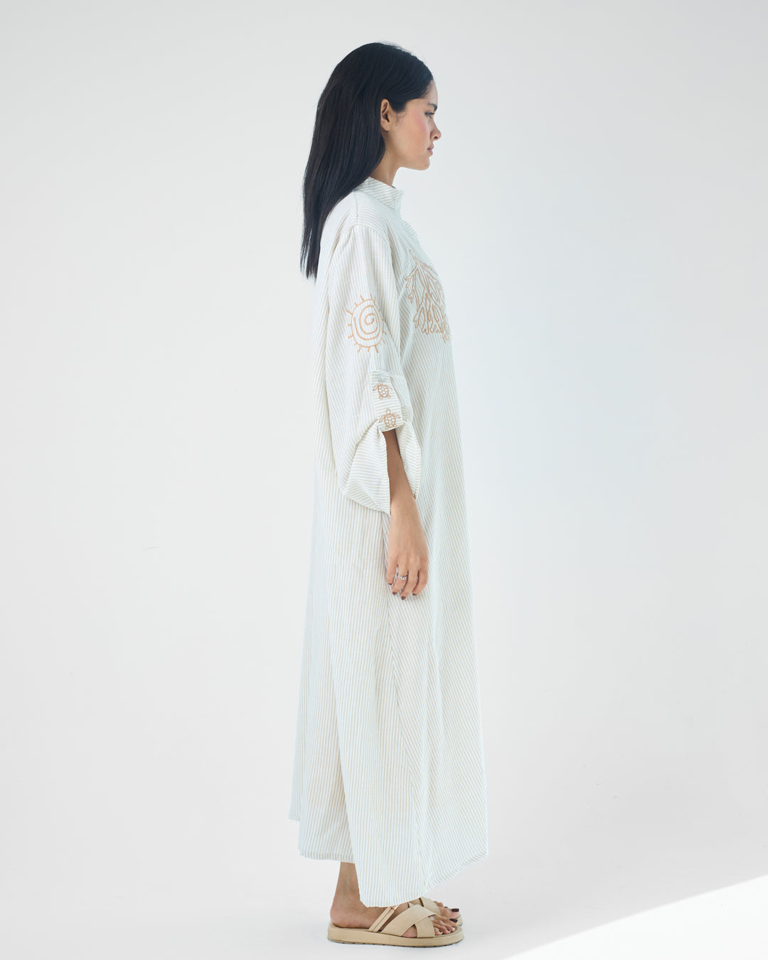 Embroidered Linen Cotton Striped Dress | Coastal Reef