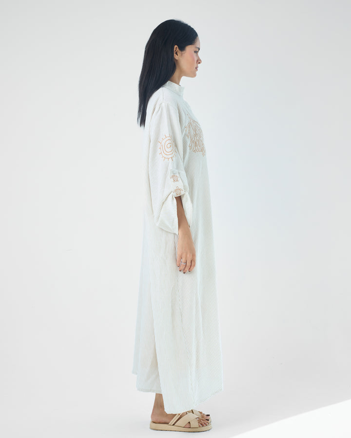 Embroidered Linen Cotton Striped Dress | Coastal Reef