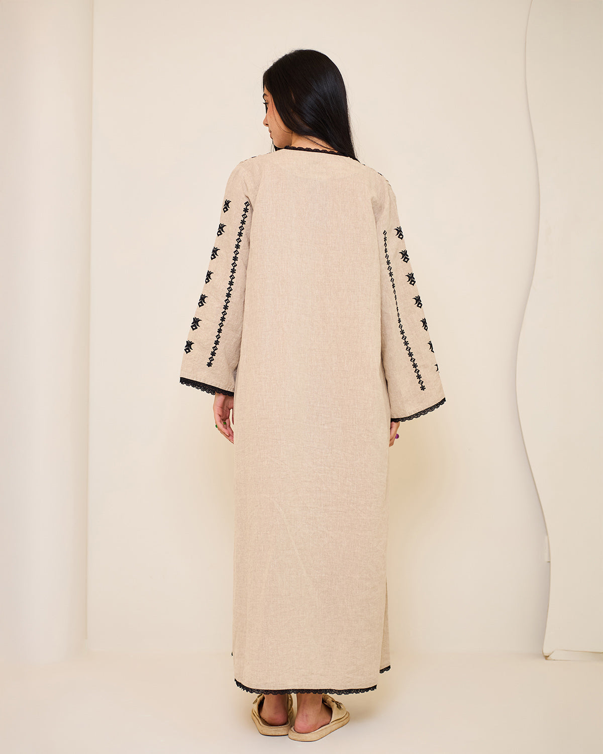 Amelia Beige Embroidered Linen Kaftan Dress