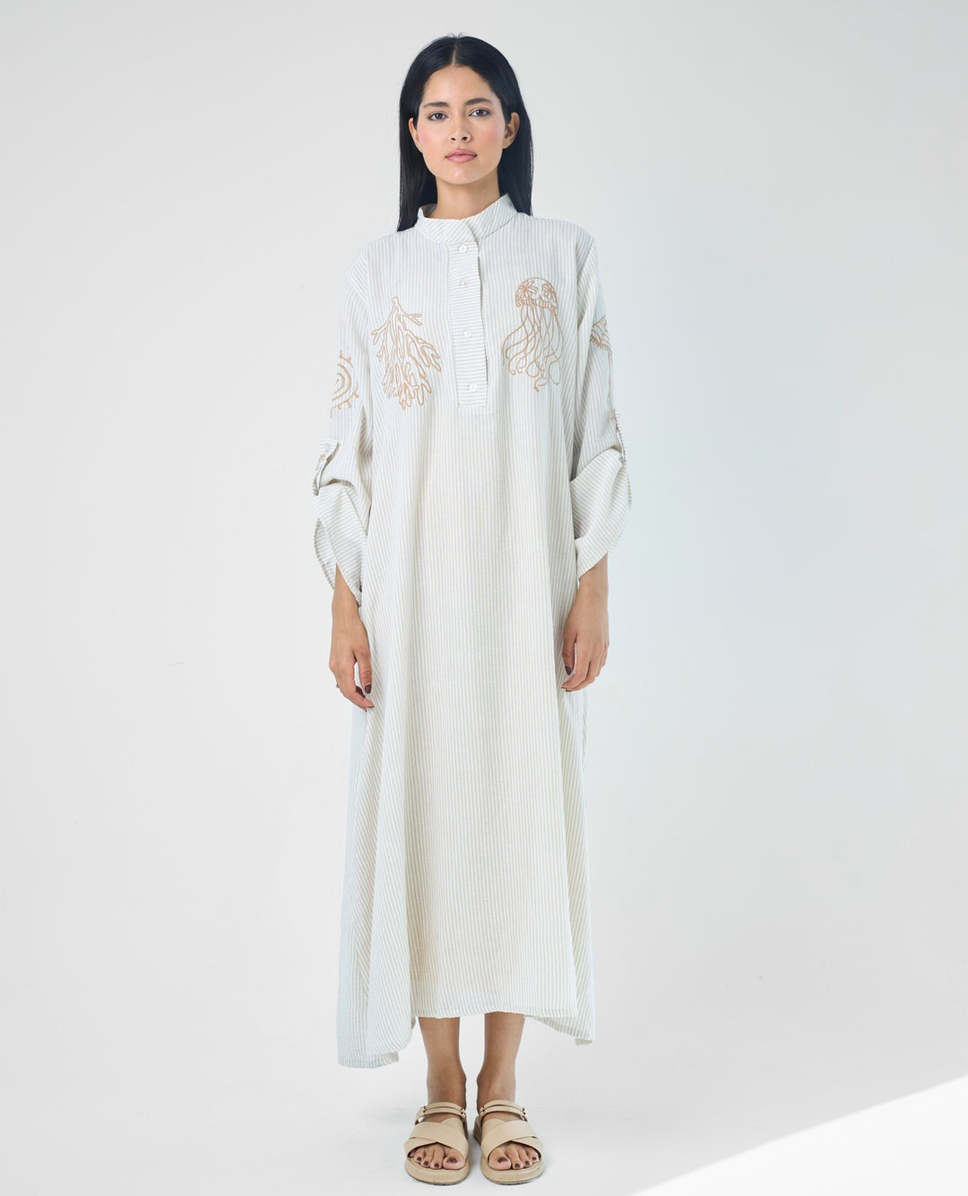 Embroidered Linen Cotton Striped Dress | Coastal Reef