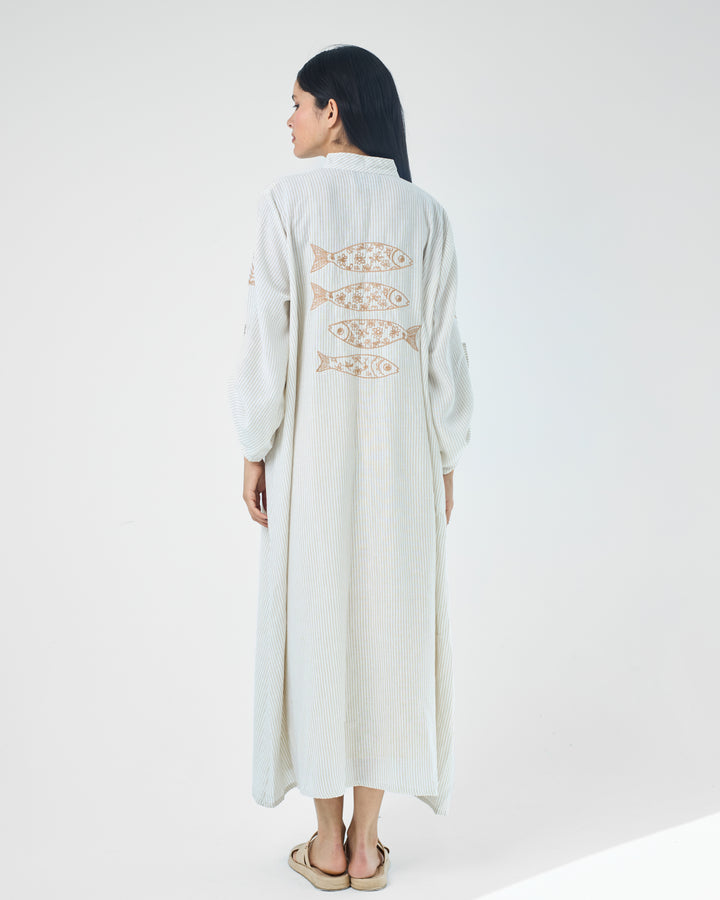 Embroidered Linen Cotton Striped Dress | Coastal Reef