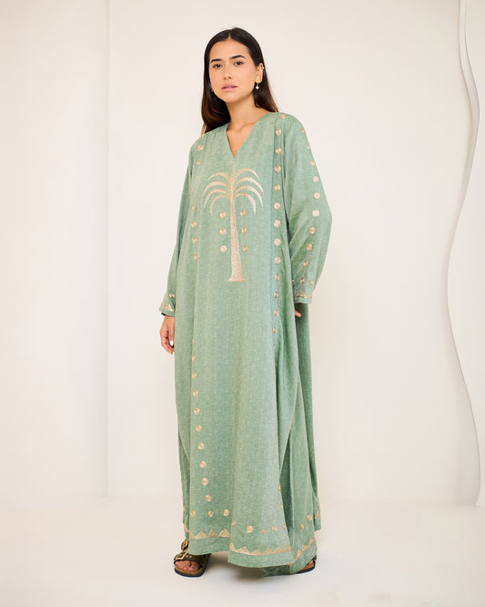 Tamara Olive Green Embroidered Cotton Kaftan Dress