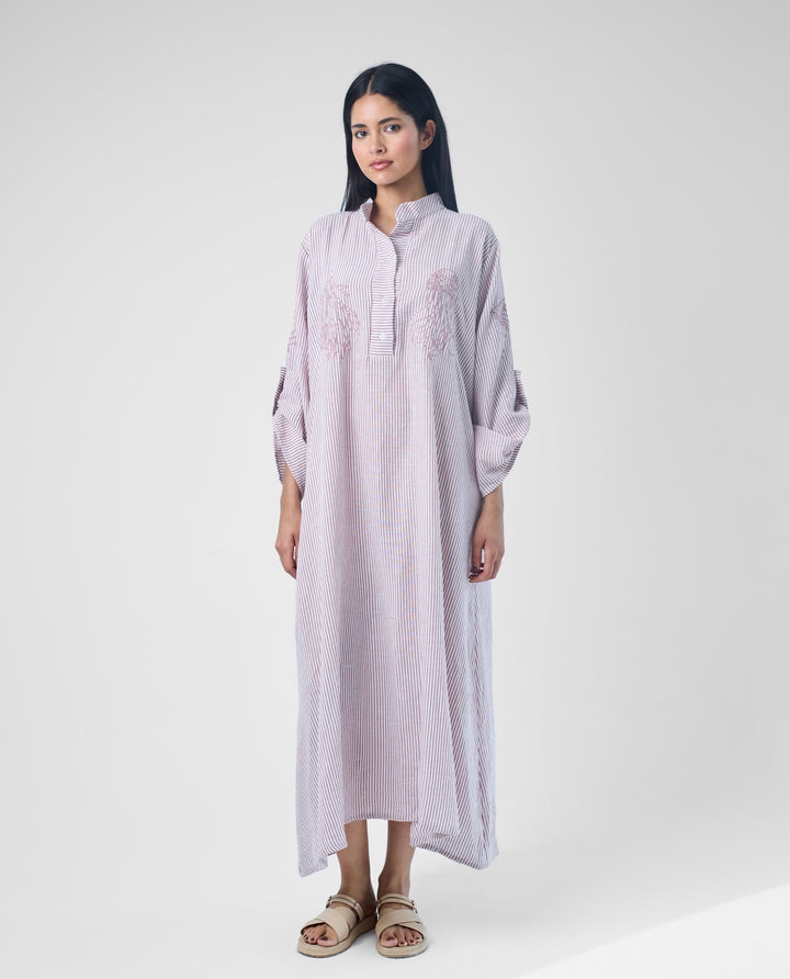 Embroidered Linen Cotton Striped Dress | Coastal Reef
