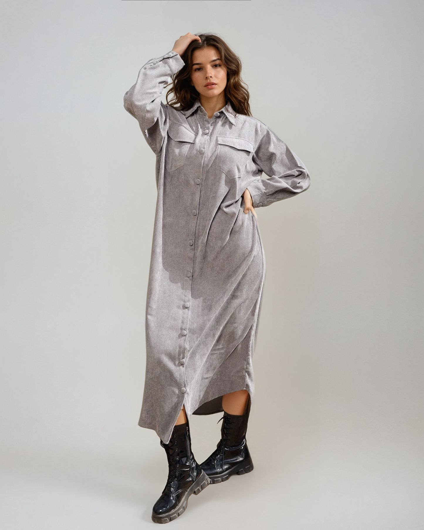 Velvet Shirt Dress-Grey