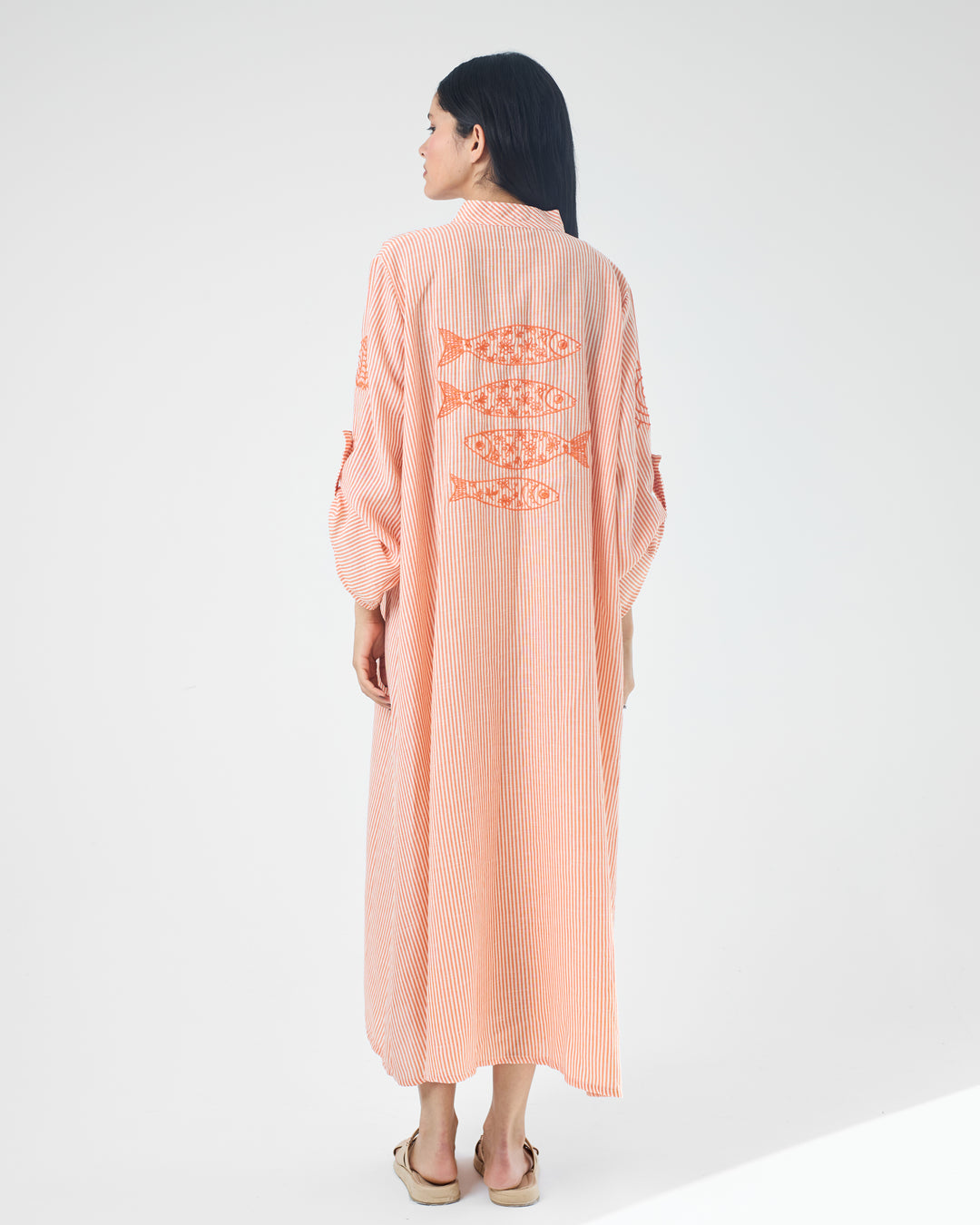 Embroidered Linen Cotton Striped Dress | Coastal Reef