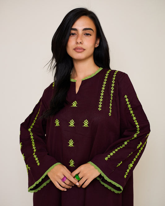 Amelia Burgundy Embroidered Linen Kaftan Dress