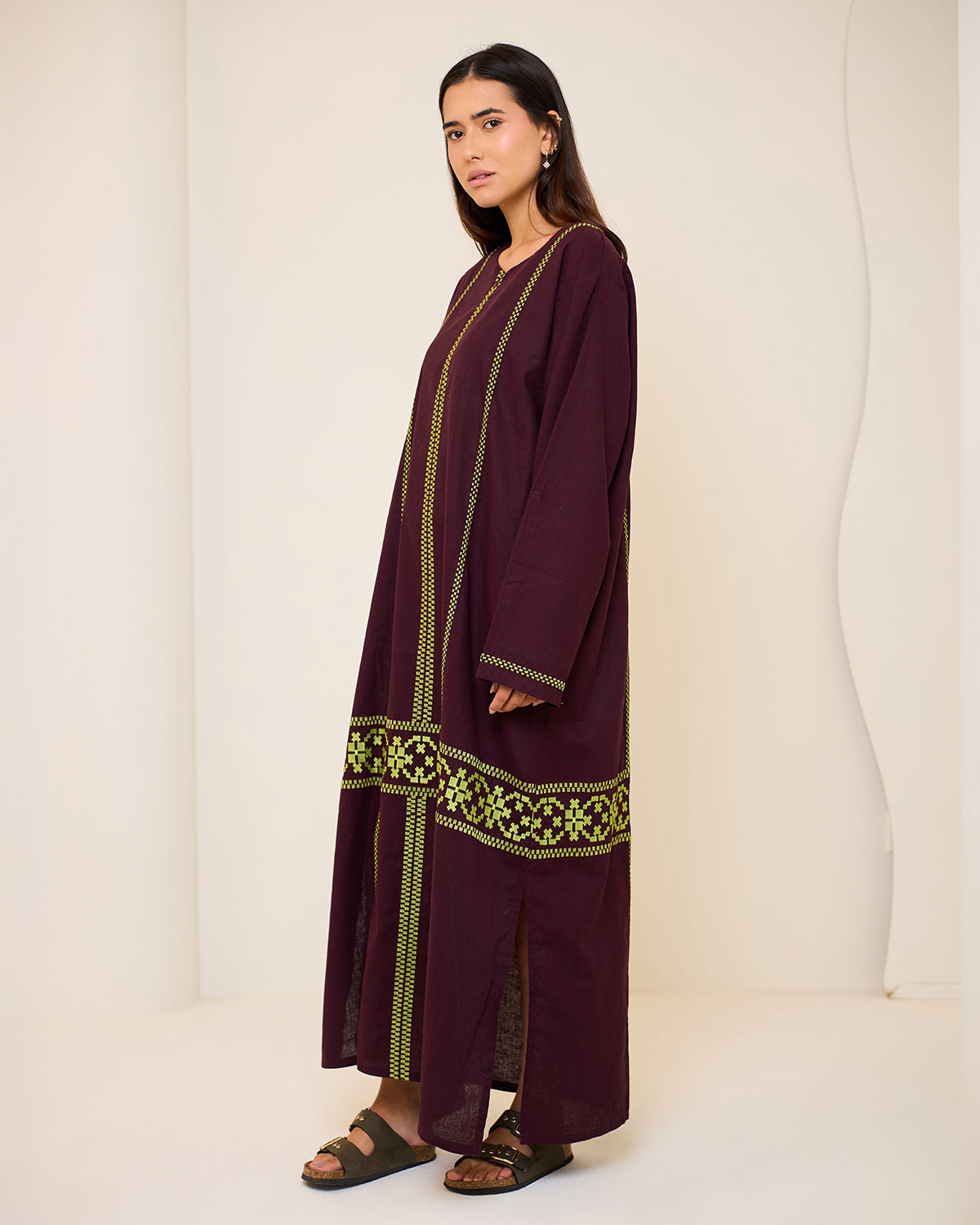 Aphrodite Burgundy Embroidered Linen Kaftan Dress