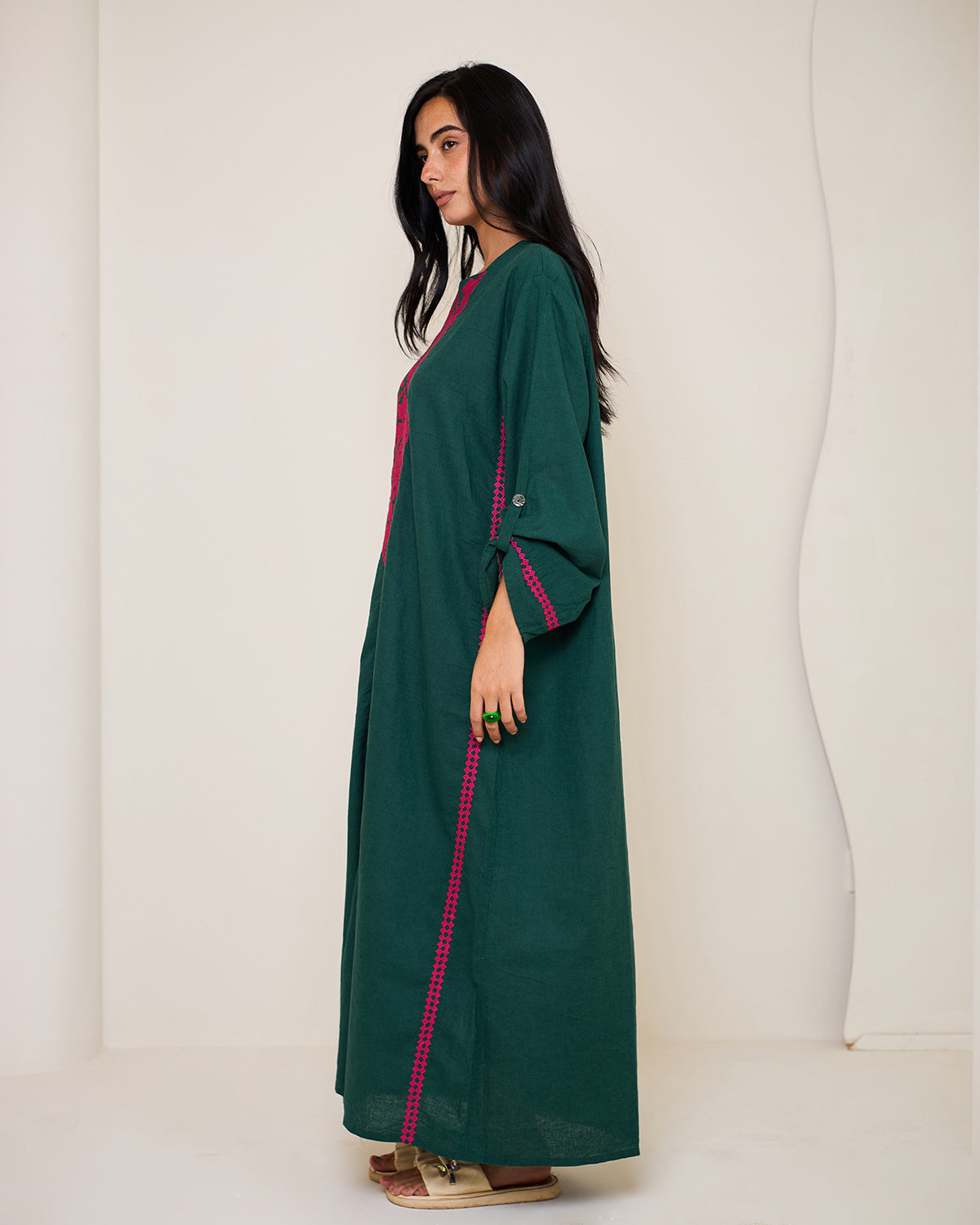 Aphrodite Dark Green Embroidered Linen Kaftan Dress