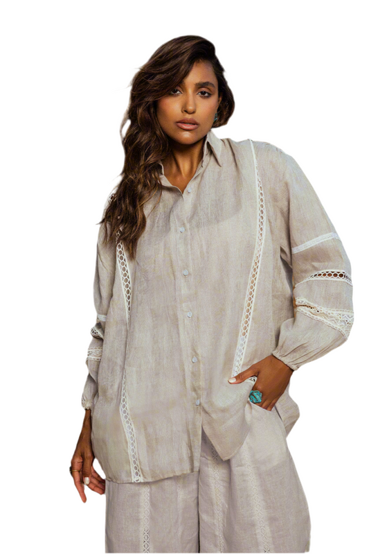 Beige Daffodil set Pure linen with lace borders