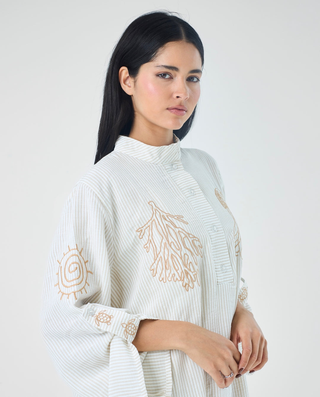 Embroidered Linen Cotton Striped Dress | Coastal Reef