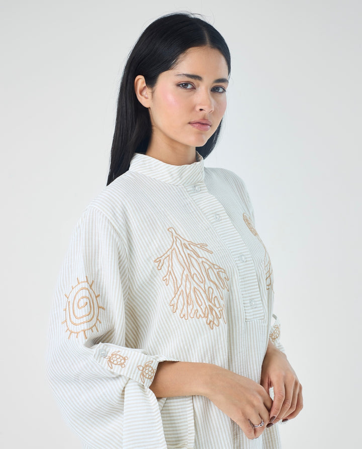 Embroidered Linen Cotton Striped Dress | Coastal Reef